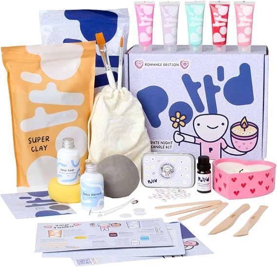 Pott'd Date Night Candle Kit Romantic DIY Craft Kit for Couples. Includes Air-Dry Clay, Candle Wax, Paints, Tools, Fragrance Oil & Beads Perfect for Valentine's Day, Anniversaries, or Date Nights
