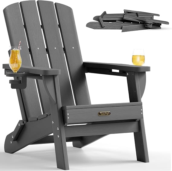 Folding Adirondack Chair HDPE Fire Pit Chair Weather Resistant Plastic with 2 Cup Holders Ideal for Outdoor Patio Garden (Grey)