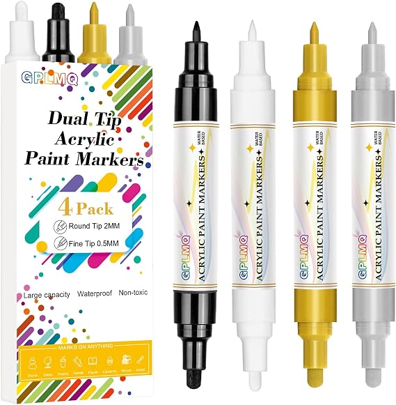 4 Pack Dual Tip Acrylic Paint Markers Pens (0.7mm & 3mm), Non-Toxic, Water-Based Pen for Art Painting, Stone, Ceramic, Glass, Wood, Fabric, Metal, DIY Crafts (4 Colors)