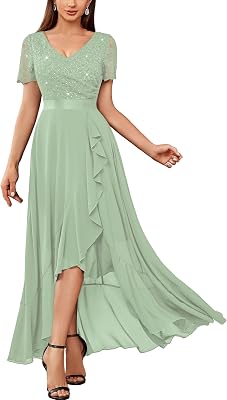 Miusol Womens V-Neck Elegant Sequin Lace Ruched Short Sleeve Ruffle Party Dress