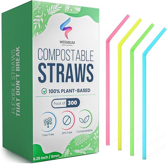 Weemium Compostable Straws Disposable [300 Pack] 8.25" | 100% Plant-Based Plastic-Free PLA, Disposable and Biodegradable | Flexible Colorful Drinking Straws are Best Alternative to Plastic