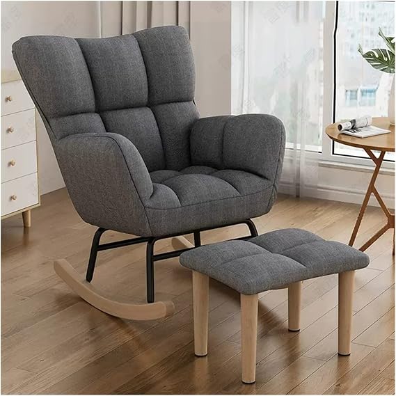 Modern Accent Rocking Nursery Chair Glider Chair with Foot Stool,Tufted High Wingback Leisure Rocker Recliner Chair with Upholstered Comfy Cushion,for Living Room/Bedroom (Gray1)