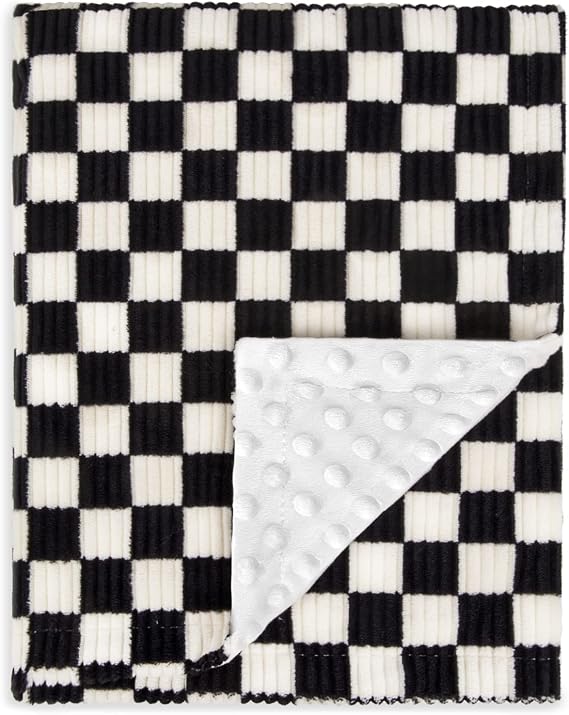 Baby Blanket for Boys Comfy Durable Corduroy Toddler Blanket with Double Layer Dotted Backing Checkerboard Grid Chessboard Gingham Warmer Bed Blankets for Newborn Infants Black, 30x40 Inches