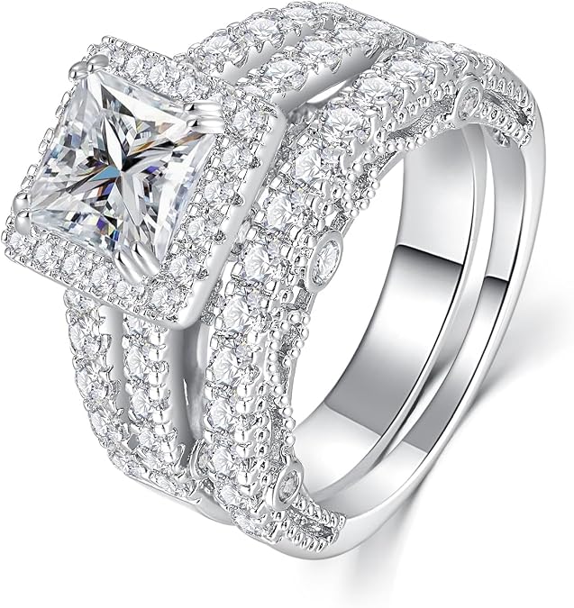 AVECON 5CT Princess Cut Engagement Wedding Ring Set for Women, Size 5-10