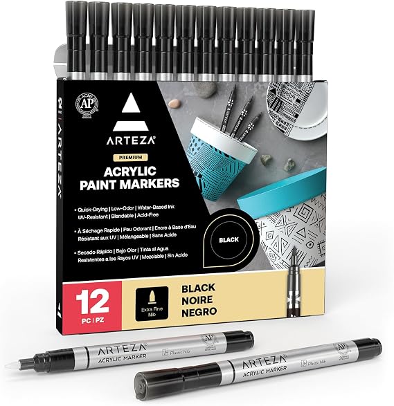 Arteza Acrylic Paint Markers, Pack of 12, Black Acrylic Paint Pens, Long-Lasting, Art & Craft Supplies, Black Paint Pens with Plastic Nib, Use on Canvases for Painting, Glass, Plastic, and Rock