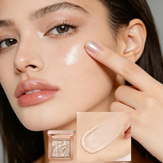 Highlighters Makeup Palette,Face Highlighters & Luminizers,Glitter Natural Sparkling Finish Powder,High Glossy Face Illuminator Lasting Shining Highlighter Palette (No.3 Champagne (1 PC))