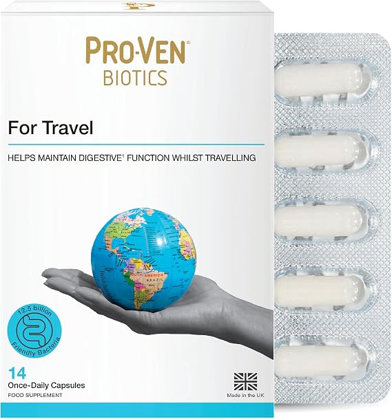 Pro-Ven Biotics for Travel | 12.5 Billion Live Bacteria with Ginger Glutamine and Calcium | Daily Digestive Support for Holidays and Overseas Trips Easy to Pack | 14 Capsules