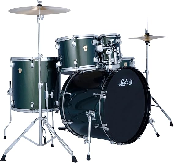 Ludwig Accent Drive 5PC Drum Set W/Hardware & Wuhan Cymbals, 22" Bass Drum, Jade Dust