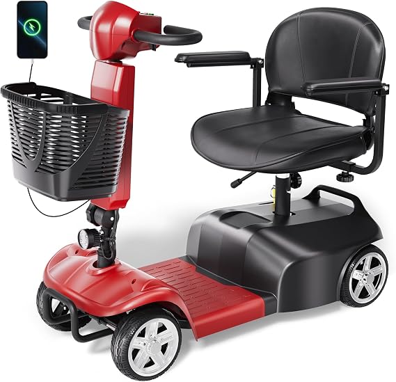 HomyKing Mobility Scooters for Seniors, 4 Wheel Foldable Mobility Scooters for Adults, Folding Travel Mobility Scooter with Seat, Electric Wheelchair, Powered Lightweight Motorized Scooter - Black Red
