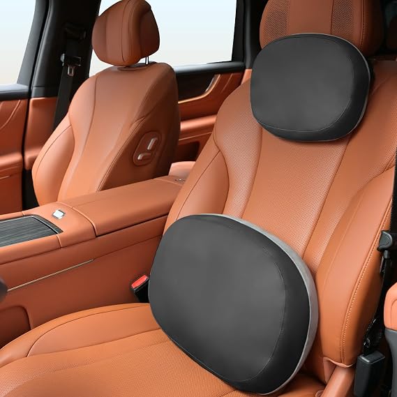 FLORICH Lumbar Support with Headrest Pillow Double-Sided Suede & Leather Car Neck Pillow and Back Cushion Kit Ergonomic Back Rest Pillow Neck Back Pain Relief for Car, Office Chair, Black