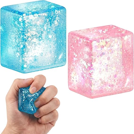 Squishy Cube, Two Cube Squishys in Blue and Pink Colors, Glitter Stress Balls for Adults, Focus Enhancement Tool for Office and Study, Squeeze Toys for Stress & Anxiety Relief Fidgets
