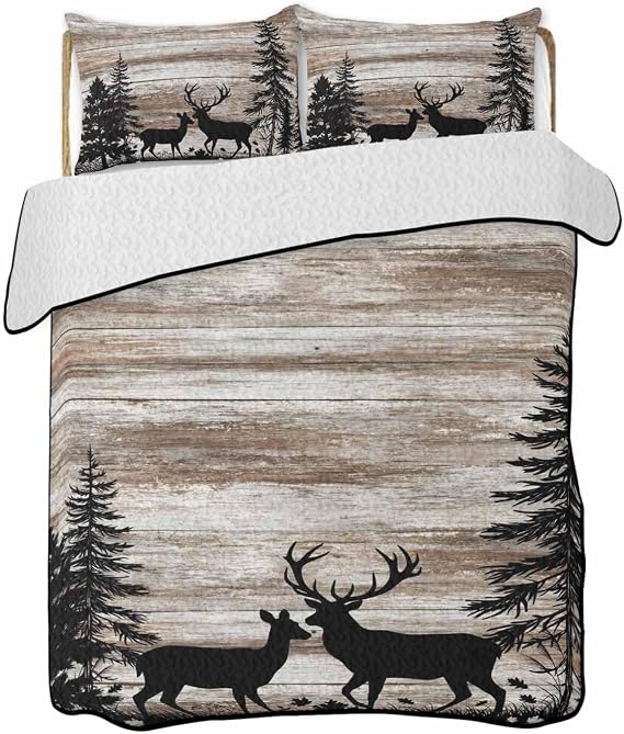 Queen Size Quilts Set, Deer Silhouettes Lightweight Comforter Bedding Sets for All Seasons, Trees Wooden Retro Art Farmhouse Quilted Bedspread with 2 Pillow Covers 78" x 90"
