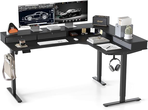 CubiCubi L Shaped Standing Desk with Drawers 63 x 48 Inch Adjustable Height, Electric Corner Desk with Storage, Sit Stand Home Office Desk with Splice Board, Black