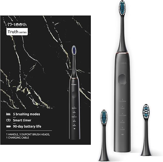 Sonic Electric Toothbrush for Adults, Truth Series with 90 Days Battery Life, 5 Modes, 3 Brush Heads, Smart Timer, Dentist Recommended, Rechargeable, Water Resistant, Black