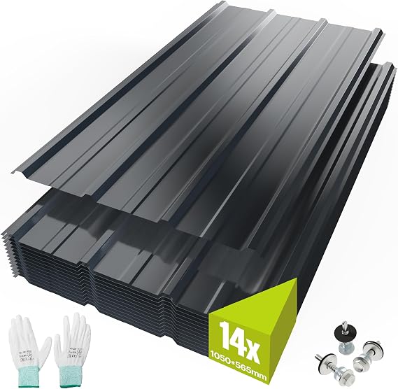 Mondeer 14PCS 8.3m² Corrugated Roofing Sheets, Gloves and Screws, Dark Grey
