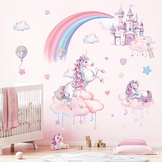 Cute Unicorn Castle Wall Decals Dreamy Watercolor Pink Rainbow Removable Wall Stickers Decoration for Girls Bedroom Living Room Nursery