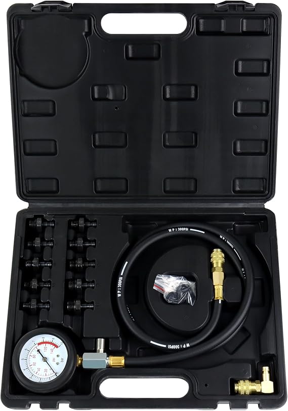 JoyFans Oil Pressure Tester Tool, 0-140PSI Oil Pressure Gauge Kit for Fuel System Mechanical Sensor Engine Cylinder Compression Test with Hose Adapters for Cars ATVs Trucks Use Black Case