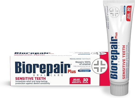 BIOREPAIR Plus Sensitive Teeth- Fluoride Free Hydroxyapatite Toothpaste, Reduces Dentin Sensitivity & Pain, Sensitive Toothpaste Adults & Kids, Prevents Enamel Erotion, Oral Care, 75ml, Made in Italy