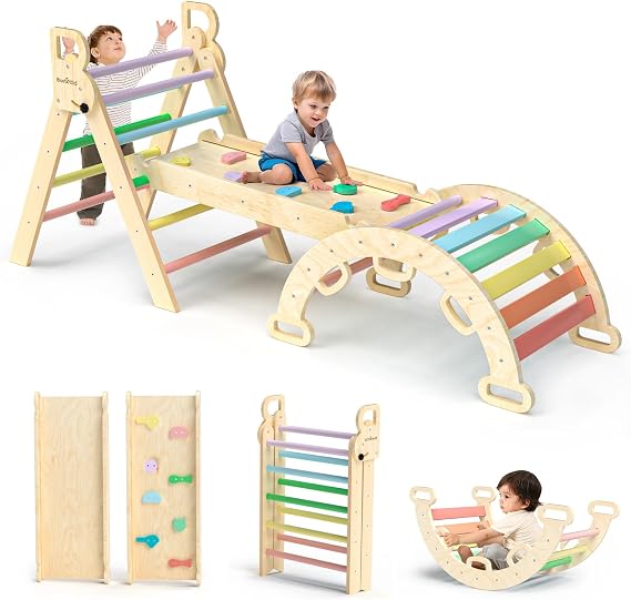 BlueWood 7-in-1 Montessori Climbing Triangle with Climbing Arch and Slide Wooden Triangle for Toddlers Indoor Climbing Toy for Toddlers Indoor