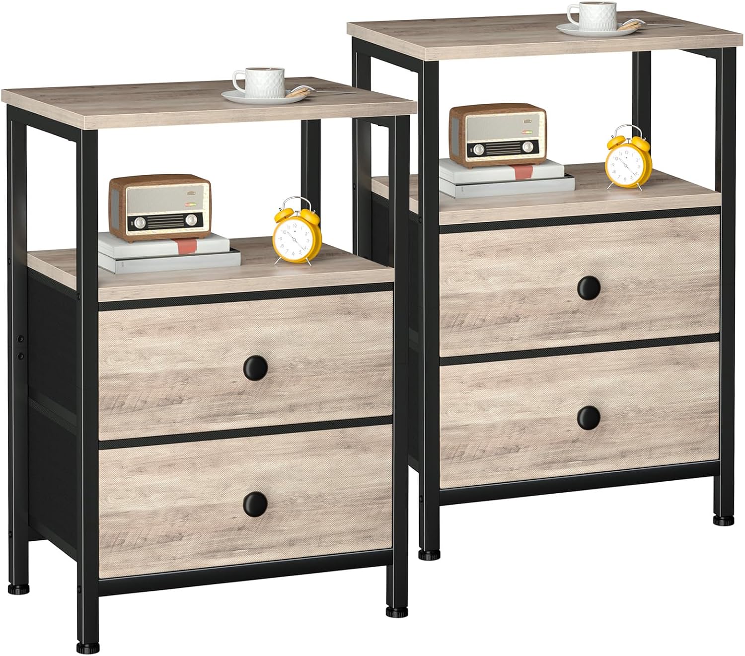 LOAKEKEL Bedside Table Set of 2, Side Table with 2 Fabric Drawers, Bedroom Bedside Cabinet with Open Storage Shelf, End Table, Nightstand for Living Room, Small Spaces, Gray UHETS002GY