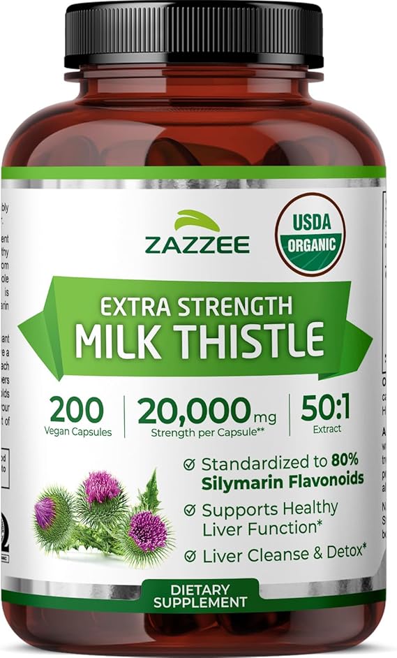 Zazzee USDA Organic Milk Thistle 50:1 Extract, 200 Vegan Capsules | 80% Silymarin Flavonoids, 6+ Month Supply, Silybum Marianum, Liver Support & Detox Support, All-Natural, Non-GMO, Made in USA