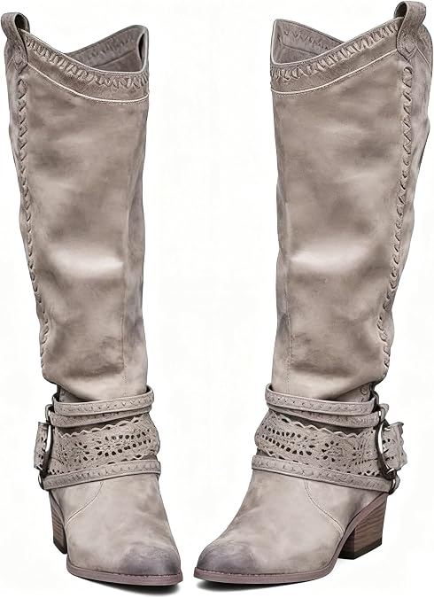 Vintage Long Boots With Side Zip Comfortable Boho Leather Knee High Boots Boot Chunky Block Mid Heels Fashion Fall Dress Tall Winter Shoes