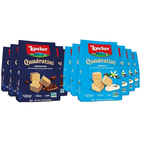 Loacker Quadratini Bundle, Vanilla & Chocolate, 30% Less Sugar, 6-Pack Each