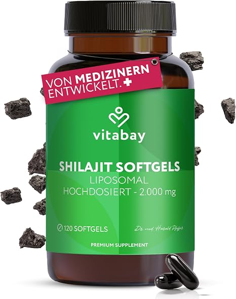 Vitabay Mumijo Shilajit Kapseln – 120 vegane Softgels – hochdosiert mit 2.000 mg liposomalem Shilajit pro Tagesdosis – 80% Fulvinsäure & 12% Huminsäure – laborgeprüft in Deutschland