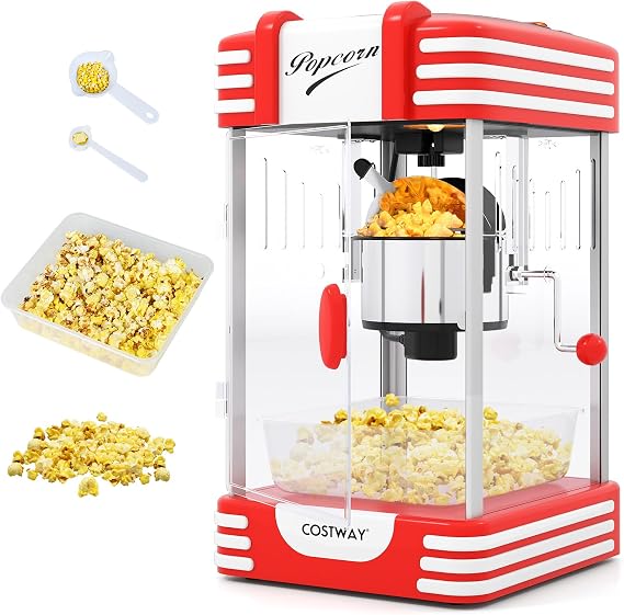COSTWAY Popcorn Machine, Theater Style Countertop Popcorn Maker | Stainless Steel Kettle, Halogen Light, Kernel & Oil Scoops, Removable Serving Tray for Home Party, Movie Night, ETL Certified