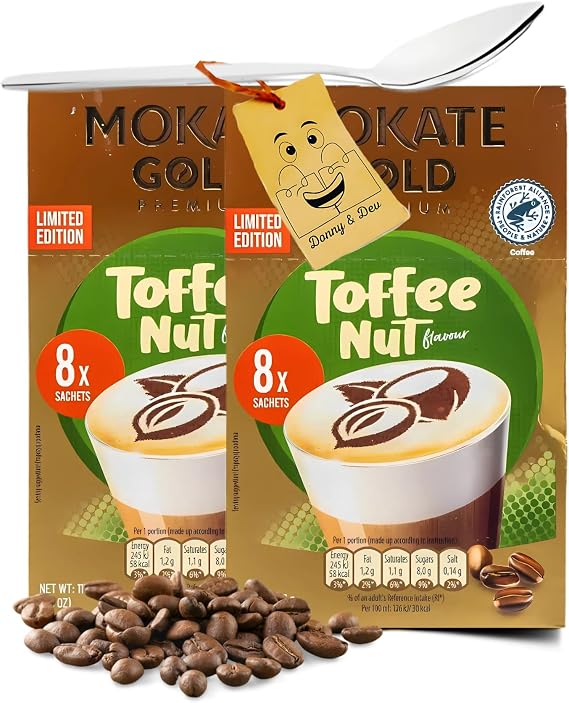 Instant Coffee Sachets Bundle Includes: 2x Mokate Gold Premium Toffee Nut Latte Sachets (8 mokate coffee sachets each) Bundled with 1x Stainless Coffee Spoon (Tea Spoon) by Donny & Dev