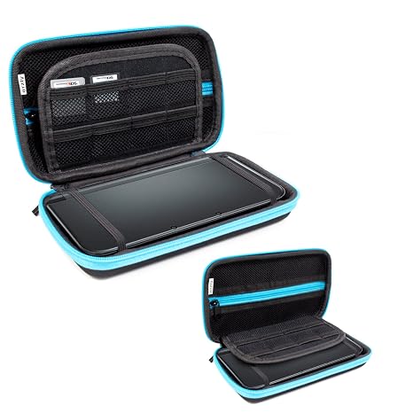 Orzly 3DSXL Case Aufbewahrungstasche für 3DS XL oder NEW 3DS XL - Hartschalen Schutzhülle für das Original Modell 3DS XL oder das Nue Nintendo 3DS XL Konsole & Accesoires - BLAU auf Schwarz