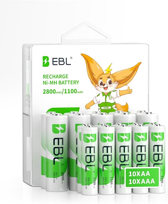 EBL Rechargeable Batteries Combo, AA 2800mAh 10 PCS and AAA 1100mAh 10 PCS