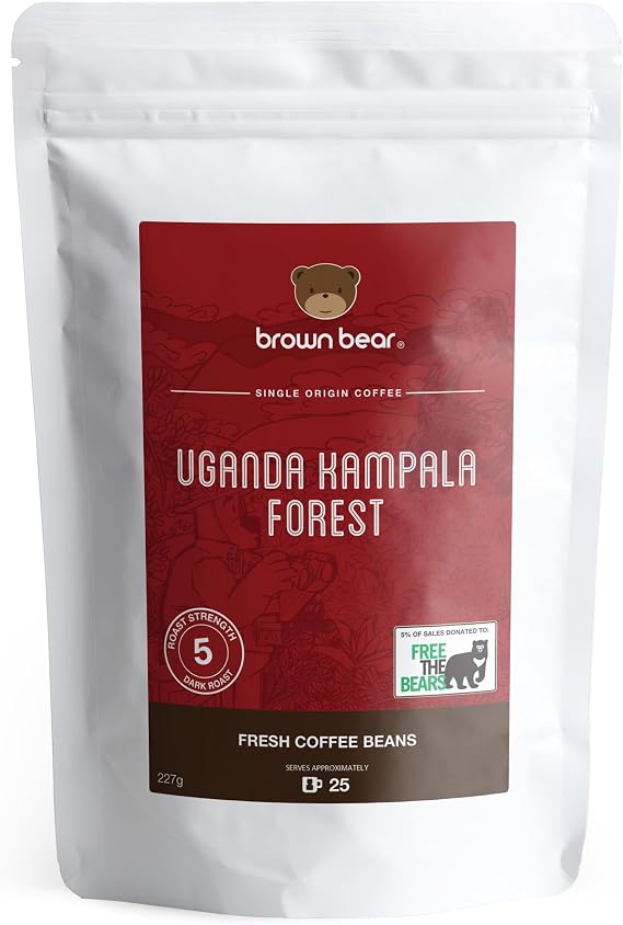 Uganda Coffee Beans 227g - Very Strong Dark Roast Ugandan Robusta Coffee - Uganda Kampala Forest - Brown Bear - Strength 5 - Donation to Free The Bears
