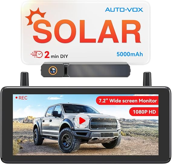 AUTO-VOX 7.2" DVR Portable Solar Wireless Backup Camera, HD 1080P Clearity | 2-Min Quick Installation, 2 Split Screen Back up Camera, IP69K Waterproof Reverse Camera for Car, Van, SUV, Truck, Trailer