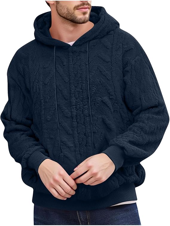 Fuzzy Fleece Hoodies for Men Cable Knit Hooded Sweatshirts Long Sleeve Pullover Tops Fall Winter Warm Coats