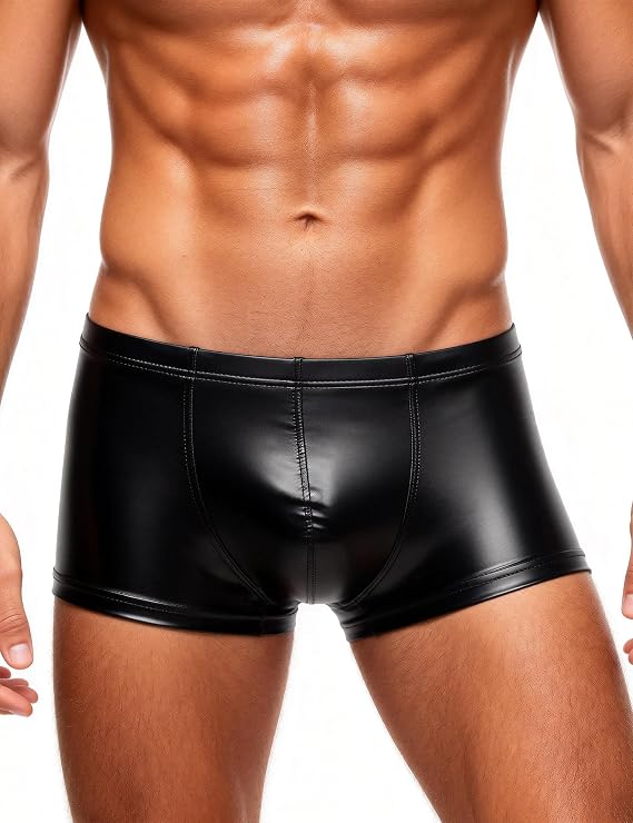 Men's Faux Leather Boxer Shorts Sexy Low Rise Trunks | Soft Stretch Underwear for Bedroom, Date Night & Clubwear, Plus Size S-2XL