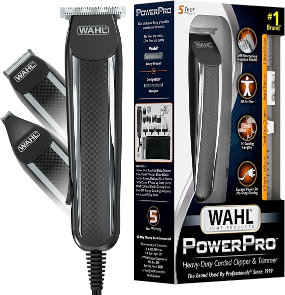 Wahl PowerPro Corded Detailer Trimmer Kit for Mens Grooming | For Trimming Beard, Mustache, Stubble, Ear, Nose, Body Hair - 3 Grooming Heads Model 9686