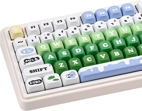 MOA Profile PBT Keycap Set, 130-Key Dye Sub Cute Keycaps, Green White Kawaii Custom Keycaps for US Layout Mechanical Keyboards (Cow Theme Design with Key Puller)