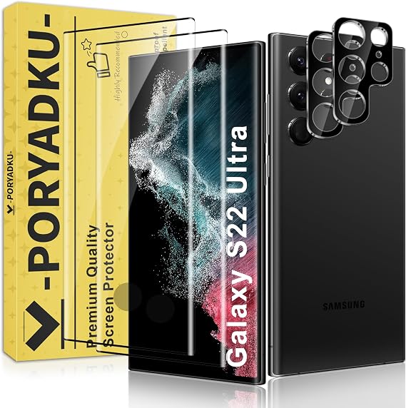 2+2 Pack for Samsung Galaxy S22 Ultra Screen Protector and Camera Lens Protector, 9H Tempered Glass, [3D Curved Full Coverage], Fingerprint Sensor Compatible, Case Friendly