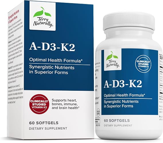 Terry Naturally AD3K2 - Healthy Supplement for Immune Support, Heart Health & Bone Support - Supplement for Strong Bones & Healthy Heart - Includes Vitamins A, D3 & K2-60 Softgels (60 Servings)