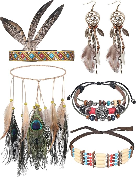 Hicarer 5 Pieces Indian Native American Jewelry Set Includes Feather Headdress Faux Peacock Feather Hair Band Boho Dream Catcher Dangle Earrings Choker Necklace Bracelet for Women Catcher Tassel