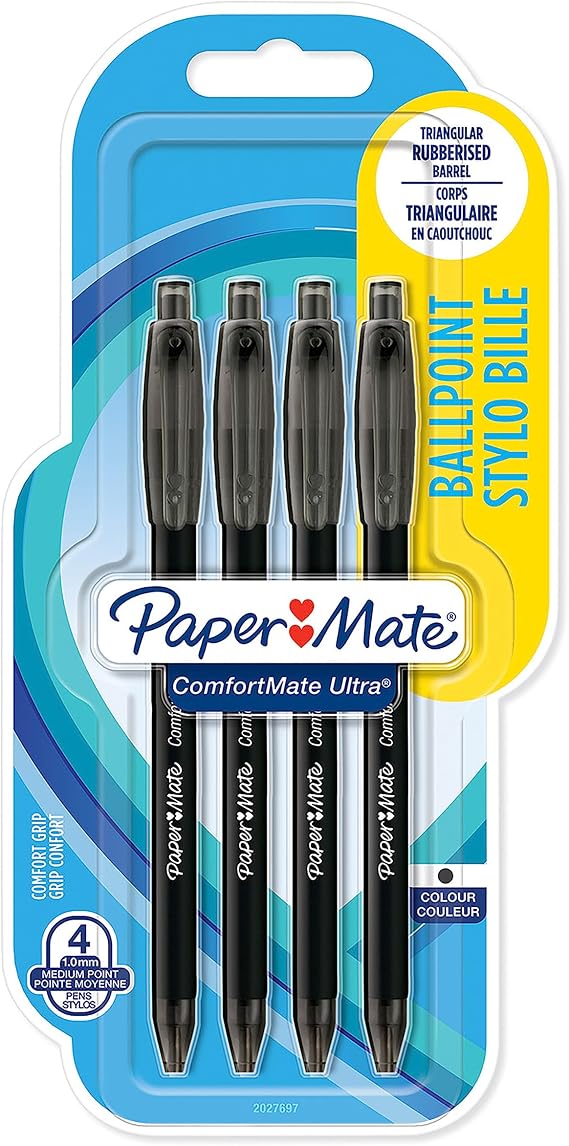 Paper Mate ComfortMate Ultra Retractable Ballpoint Pens | Medium Point (1.0mm) | Black | Pack of 4