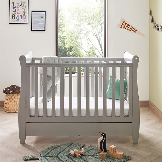 Babymore Eva Sleigh Cot Bed Drop Side with Drawer | Solid Pine Wood | | Converts into Day Bed, Toddler Bed | Teething Rail (Grey)