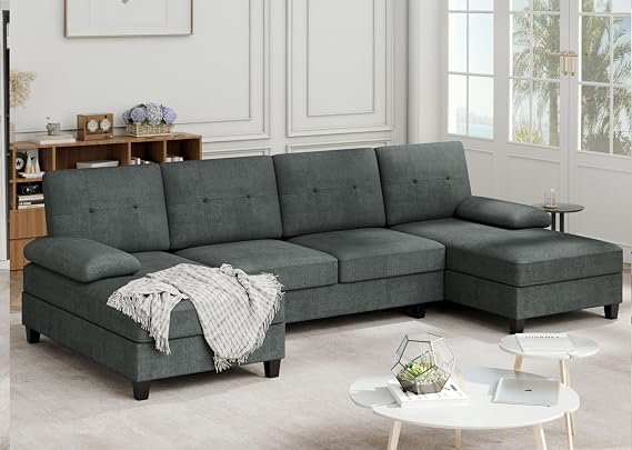 Couches for Living Room, Soft Sectional Couches U Shaped Couch with Double Chaise, 4-Seat Sofa Set, Small Sofa Couch Living Room Set, 106in, Fabric, Grey