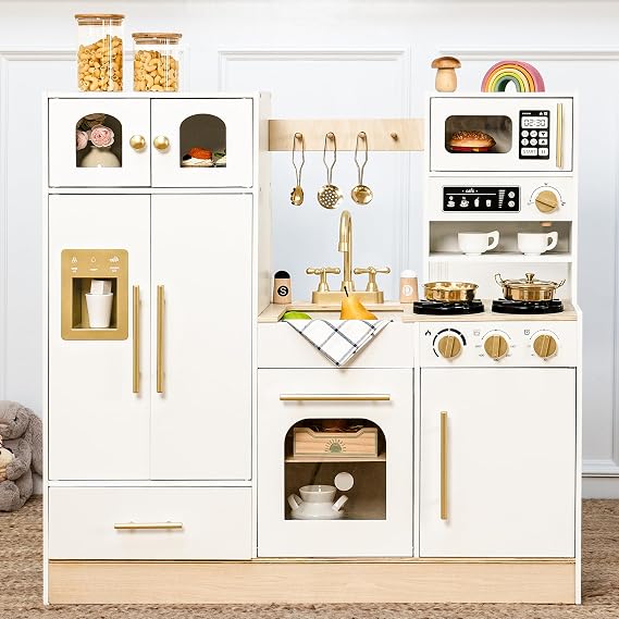 Wooden Play Kitchen Set with Tall Toy Fridge Pretend Play for Kids 3Y+