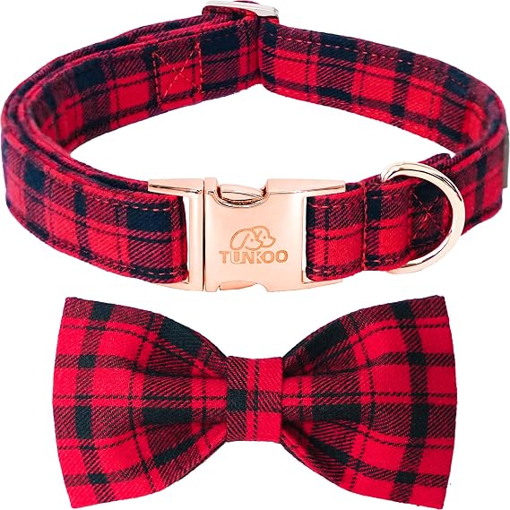 Tunkoo Christmas Dog Collar with Bow Tie - Super Cute Red Cotton Plaid Pet Collar, Adjustable Available in Small Medium Large for Girls Boys Dogs, S