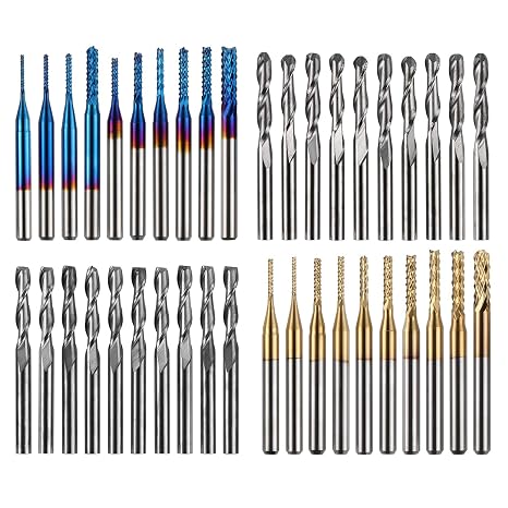Genmitsu MC40A End Mill Set with a Total of 40 CNC Router Bits 3.175 mm (1/8 Inch) Shank CNC Cutter Set with 2 Flutes Flat and Ball End Mills Nano Blue Coating and Titanium Coating
