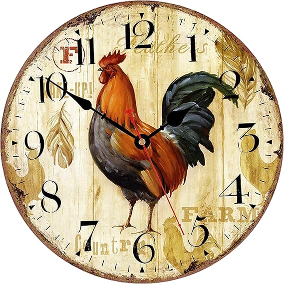 VIKMARI 12 Inch Kitchen Wall Clock Rooster Silent Wooden Farmhouse
