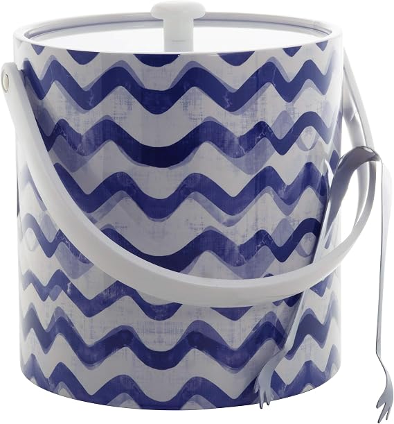 Hand Made In USA Blue Waves Double Walled 3-Quart Insulated Ice Bucket With Ice Tongs (Nautical Collection)