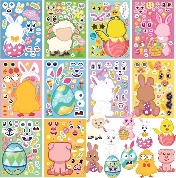 50 Sheets Easter Stickers, Make Your Own Bunny Stickers, Basket Stuffers Gifts Crafts with 4 Tattoos for Game Activities Party Favors